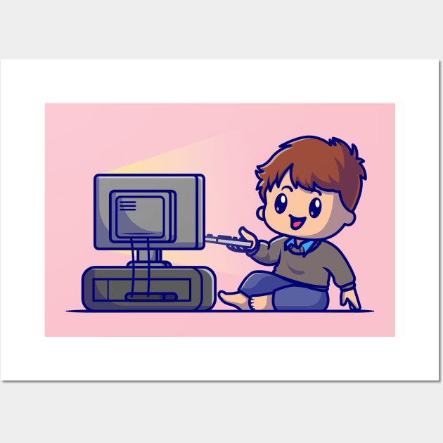 Cute Boy Watching Tv Cartoon Wall Art by Catalyst Labs